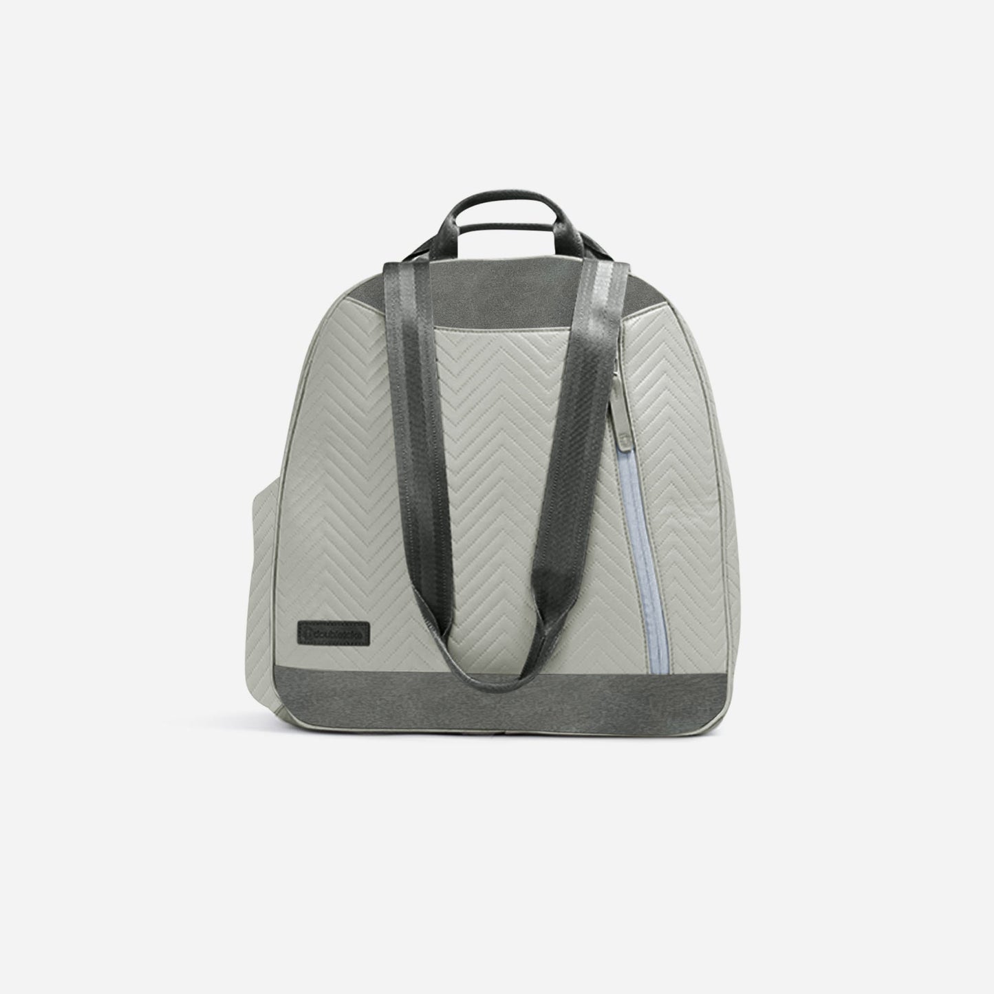 Gray Doubletake tennis bag  with black accents on a white background