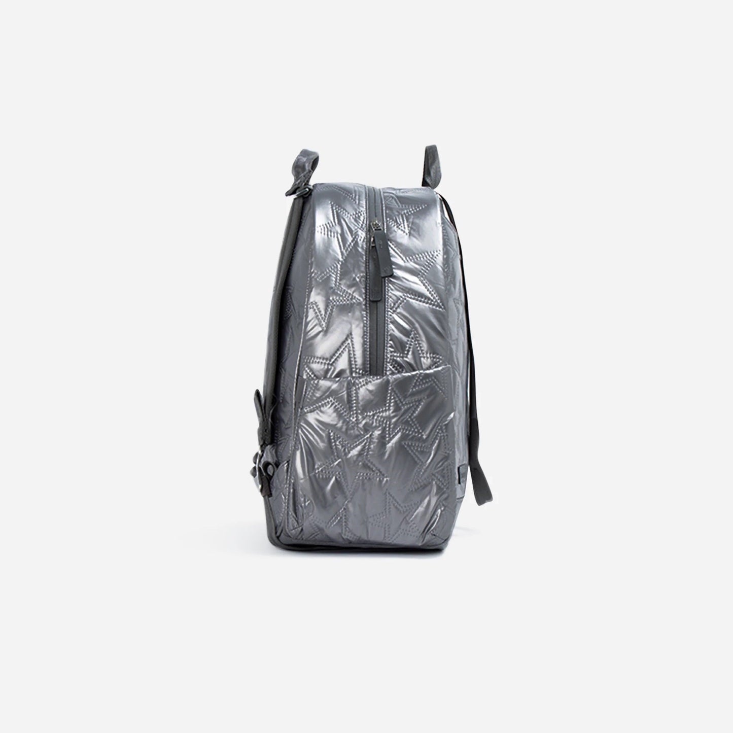 Silver metallic backpack on a light gray background