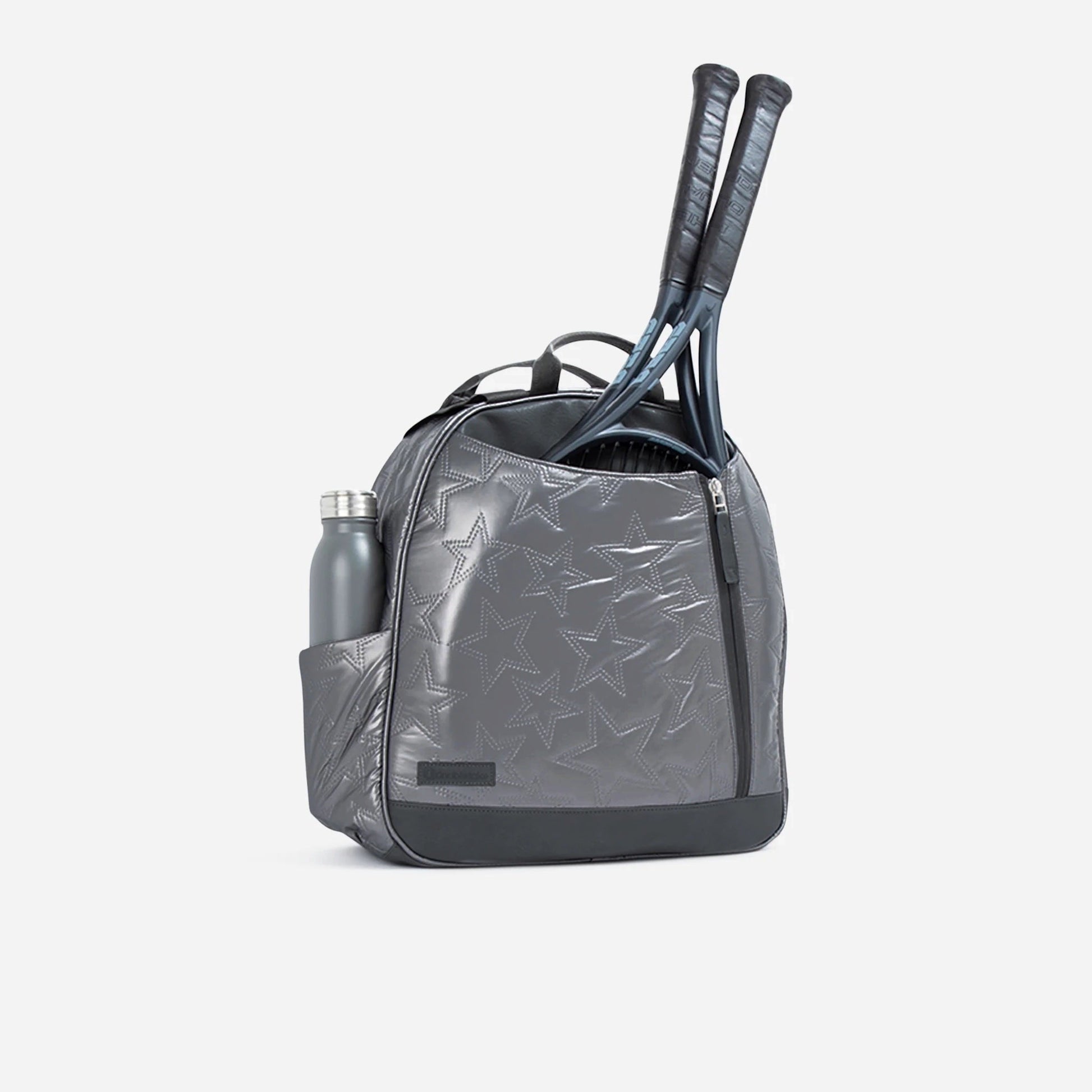 Gray textured  Doubletake tennis backpack with tennis rackets and a water bottle on a light gray background