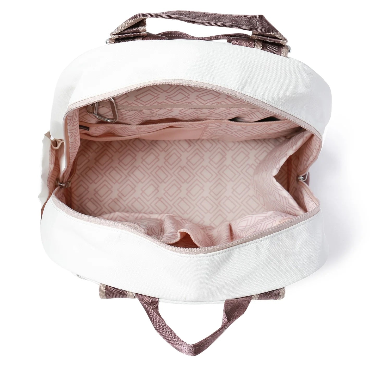 White  Doubletake tennis backpack with pink interior on a white background