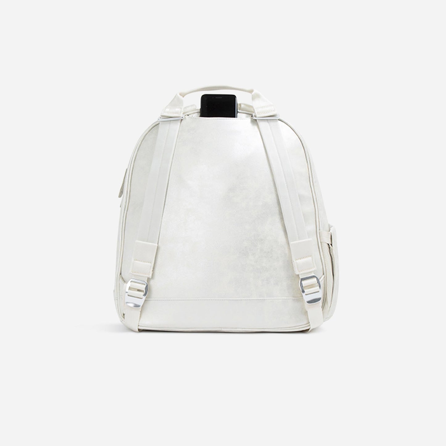 White  Doubletake tennis backpack on a light gray background