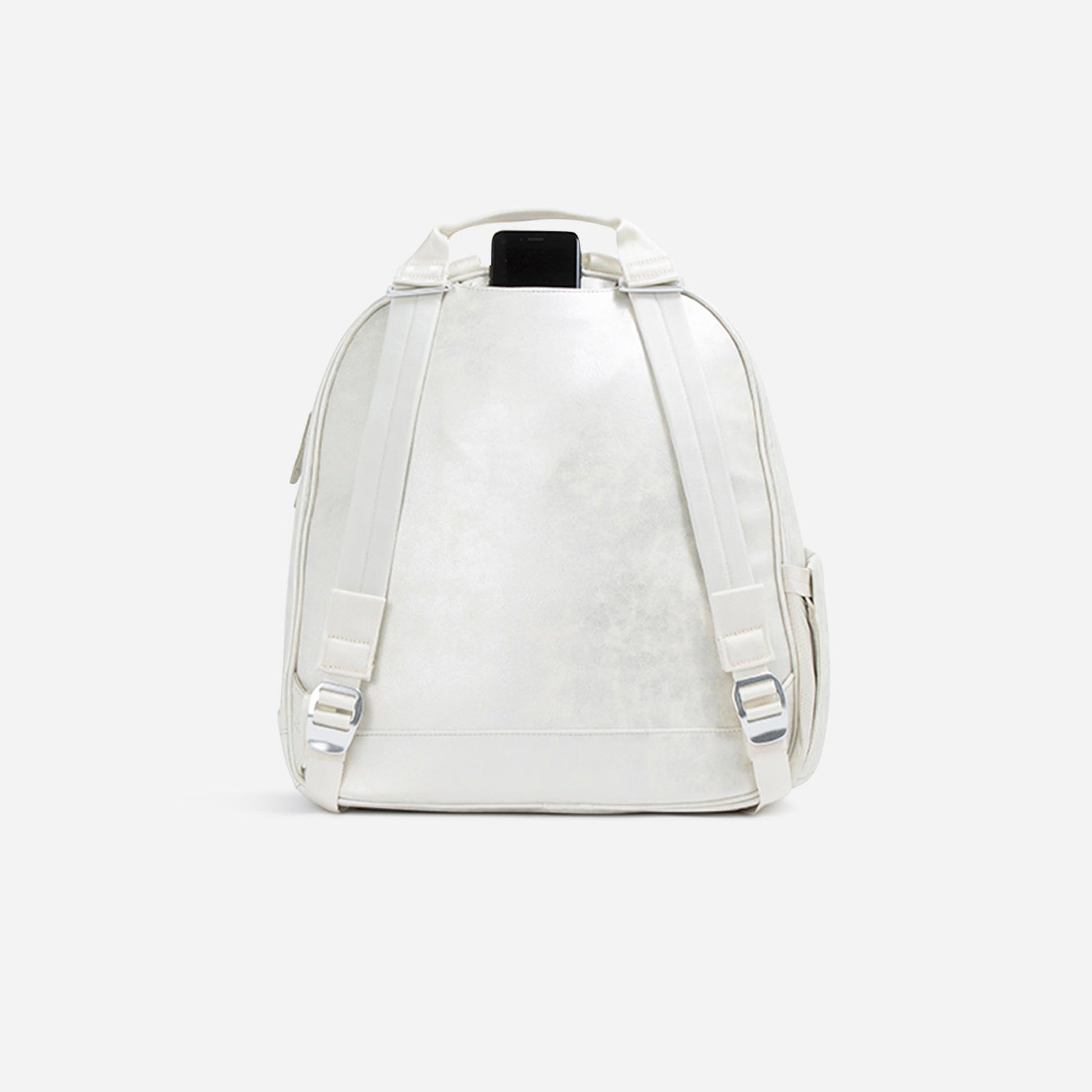 White  Doubletake tennis backpack on a light gray background