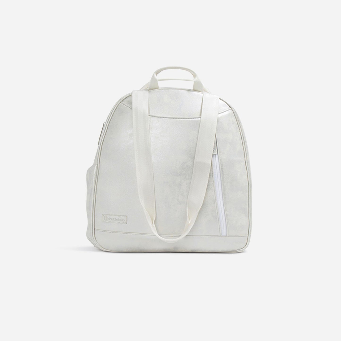 Light gray  Doubletake tennis backpack with a white strap on a light gray background