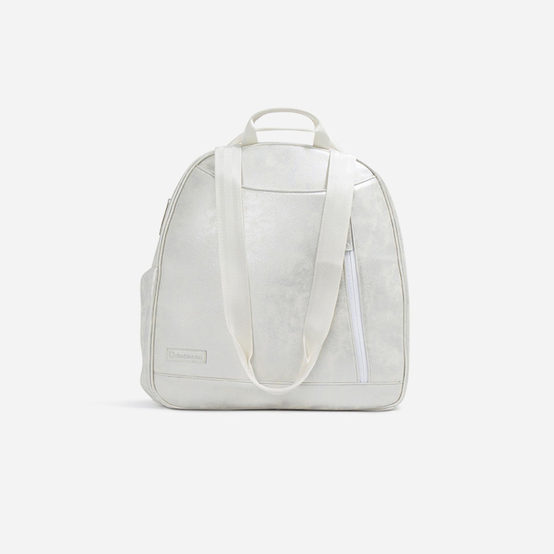 Light gray  Doubletake tennis backpack with a white strap on a light gray background