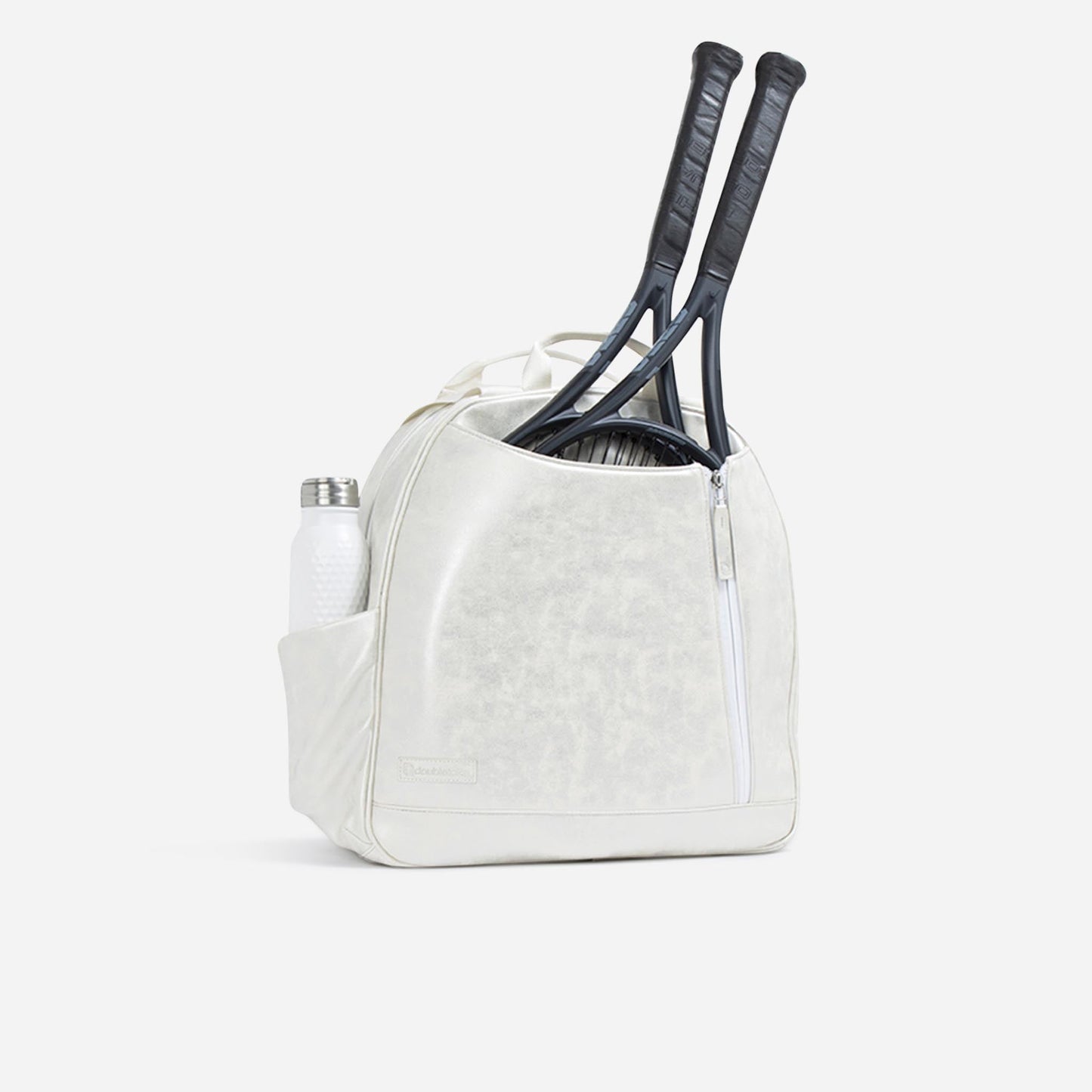 White  Doubletake tennis bag with two rackets and a bottle on a white background