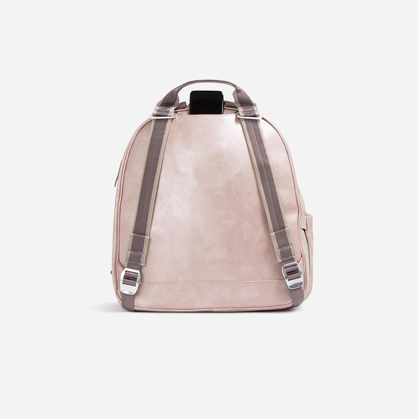 Pink  Doubletake tennis backpack with transparent straps on a light gray background
