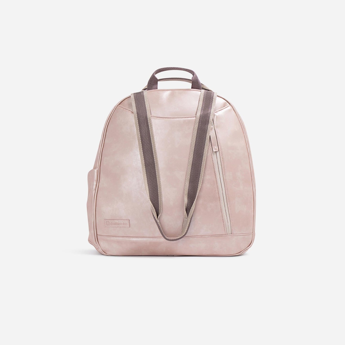 Pink  Doubletake tennis backpack with brown straps on a light gray background