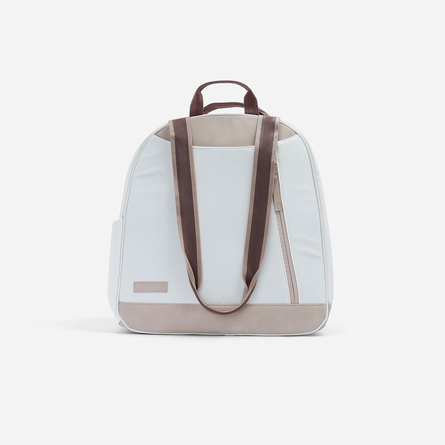 Beige  Doubletake tennis  backpack with brown straps on a white background