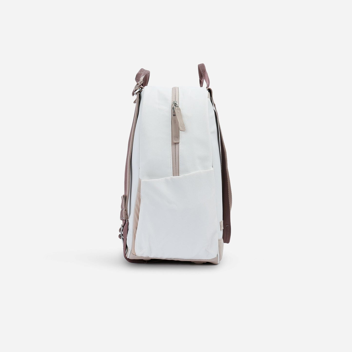 White  Doubletake tennis backpack with brown straps on a white background