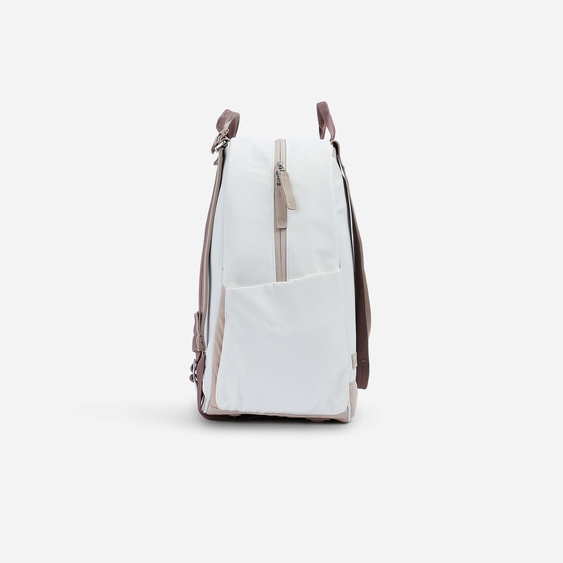 White  Doubletake tennis backpack with brown straps on a white background
