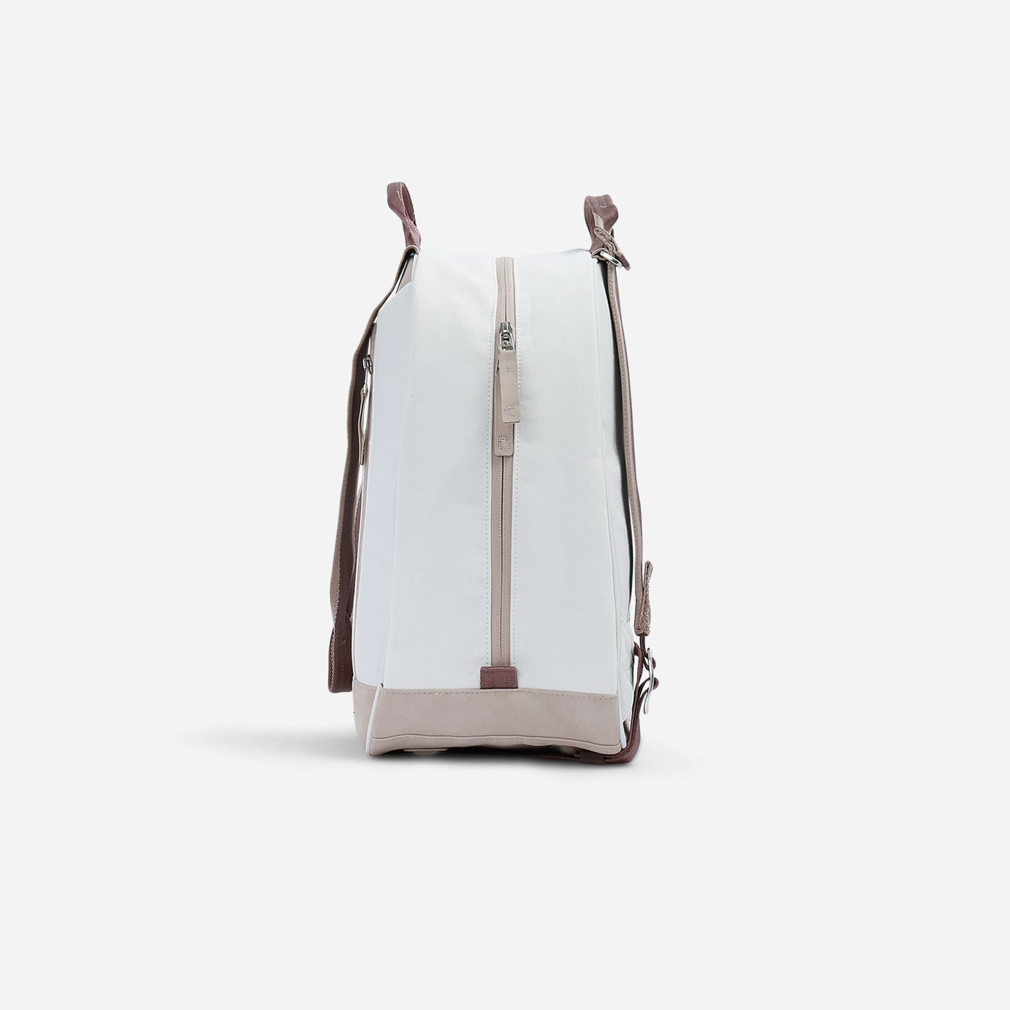 White  Doubletake tennis backpack with brown accents on a light gray background