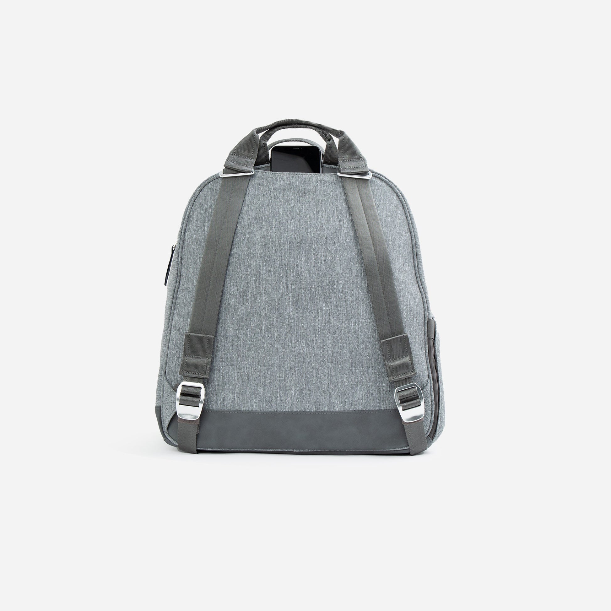 Gray  Doubletake tennis backpack with black accents on a white background