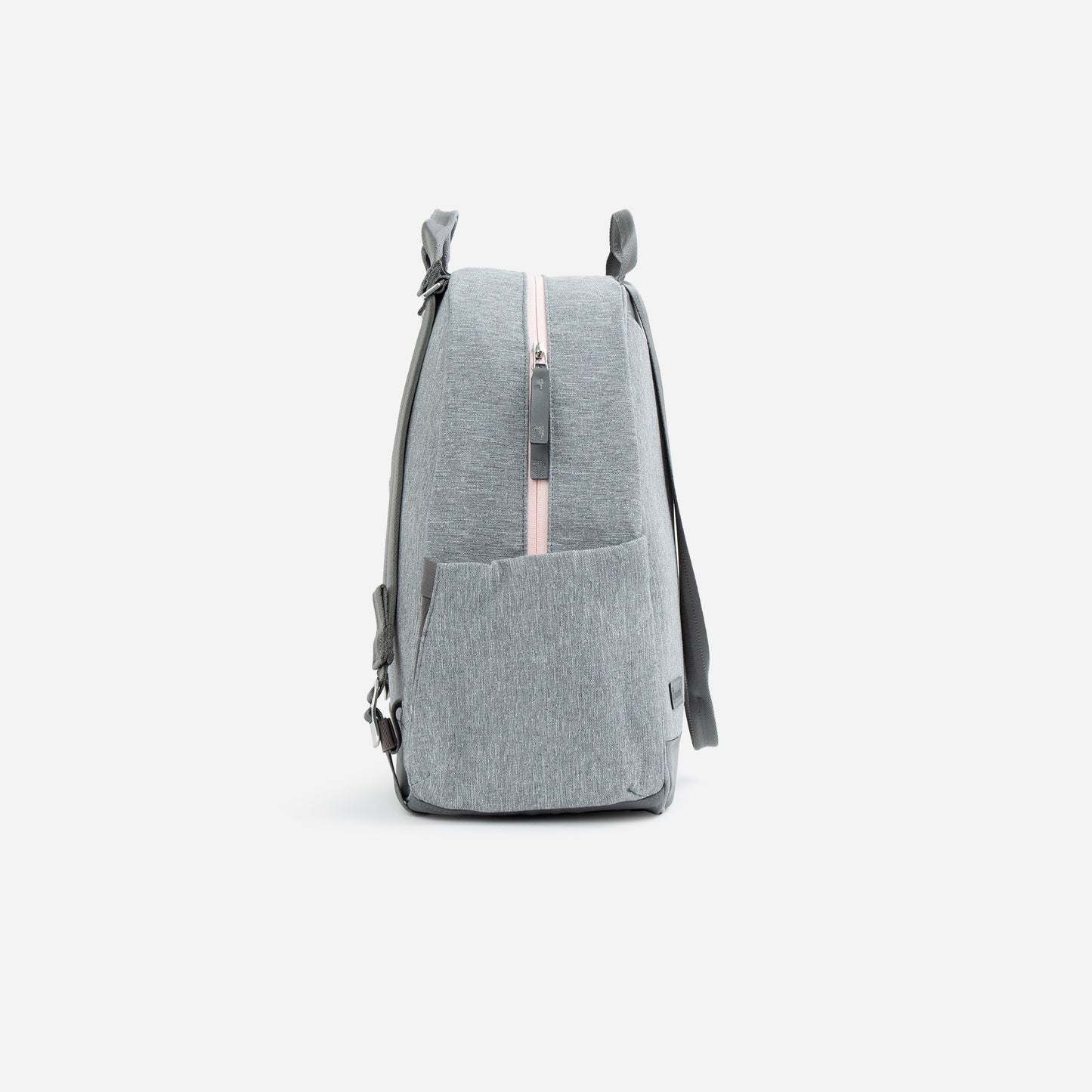 Gray  Doubletake tennis backpack with a pink zipper on a white background