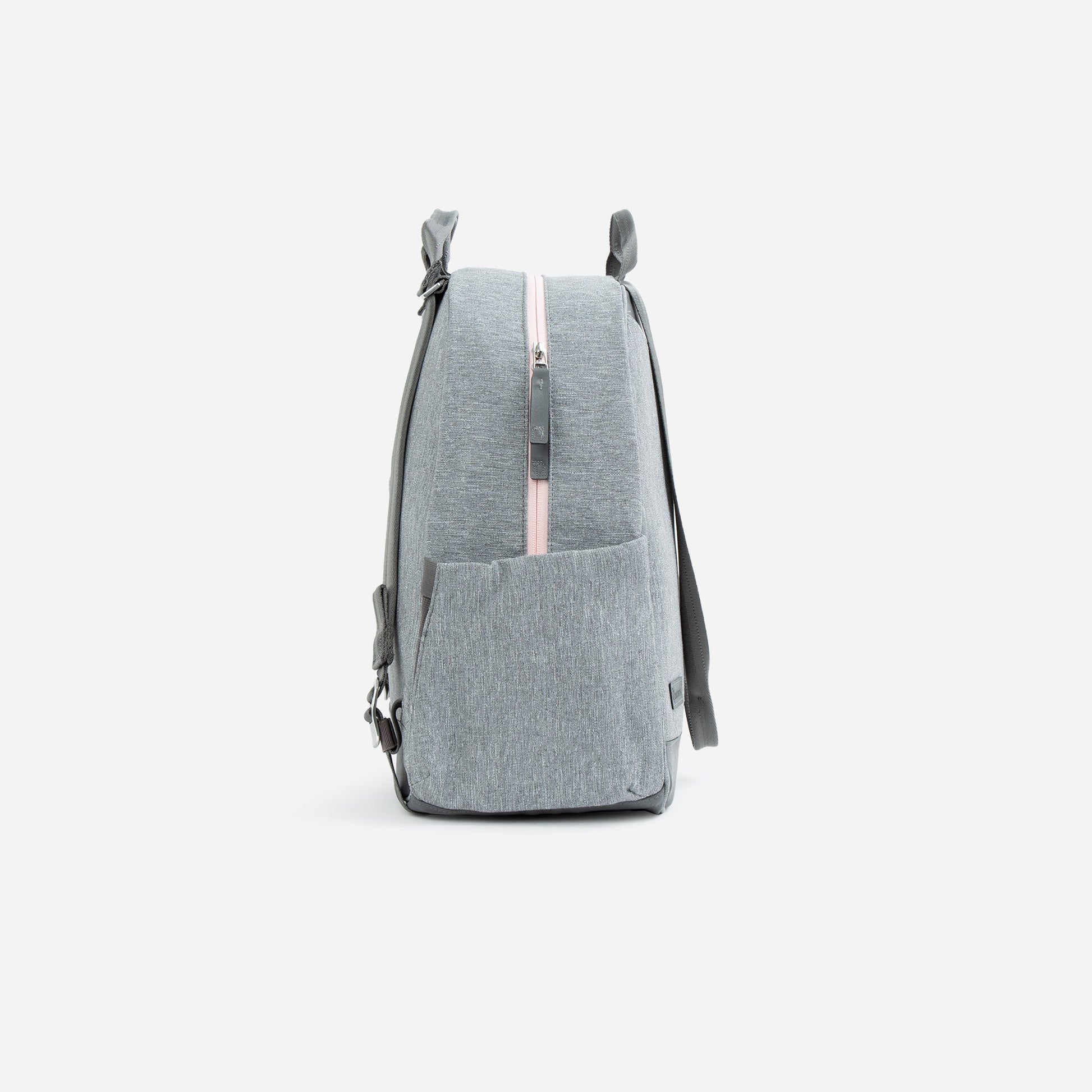Gray  Doubletake tennis backpack with a pink zipper on a white background