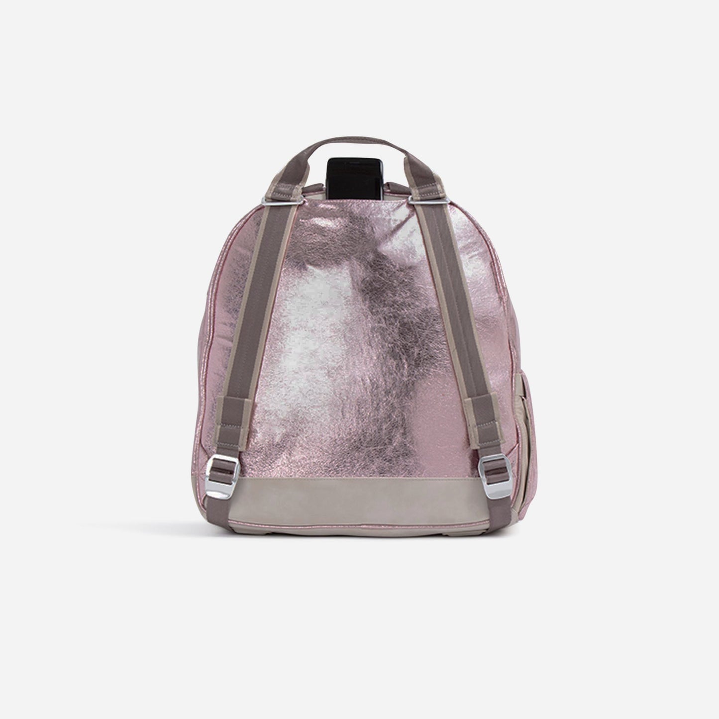 Pink  Doubletake tennis metallic backpack on a light gray background