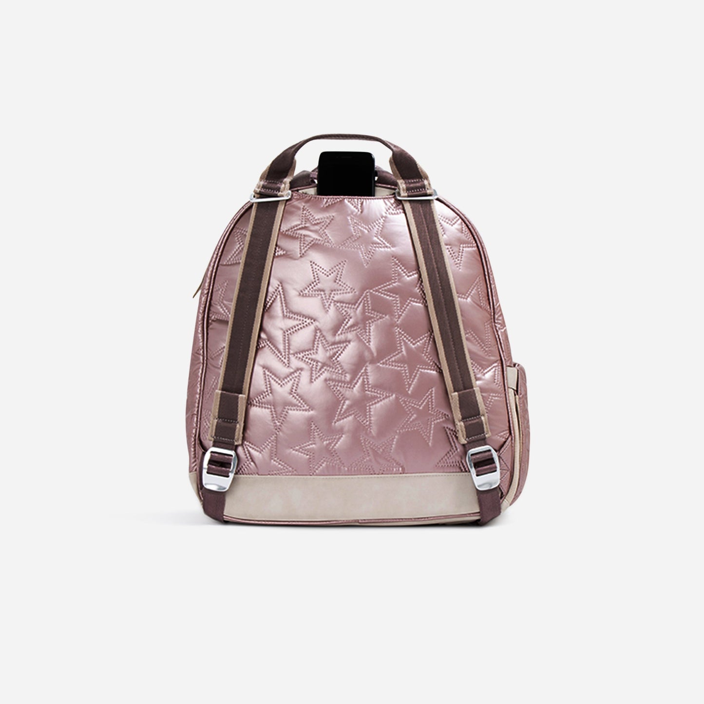 Pink  Doubletake tennis backpack with star pattern on a light gray background
