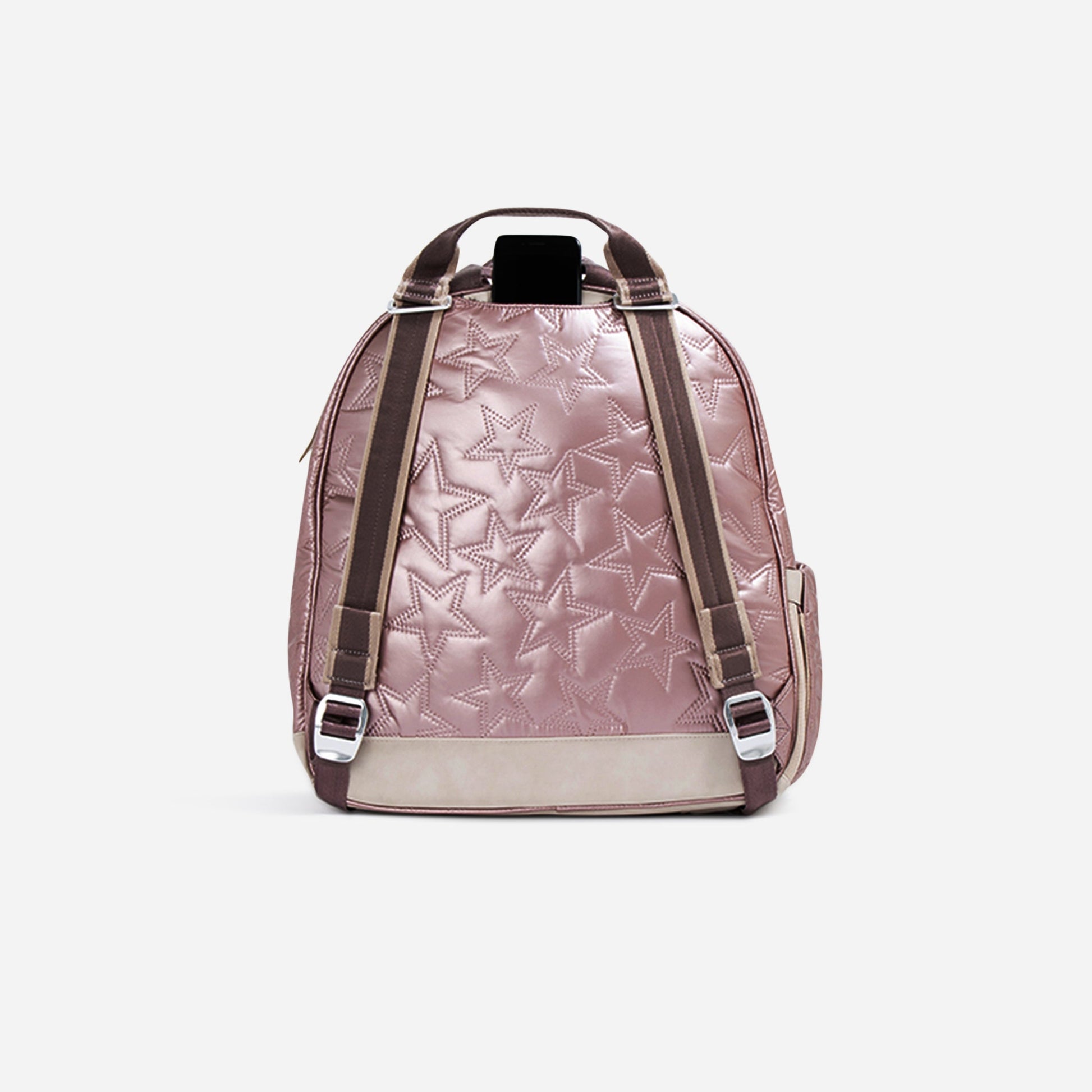 Pink  Doubletake tennis backpack with star pattern on a light gray background