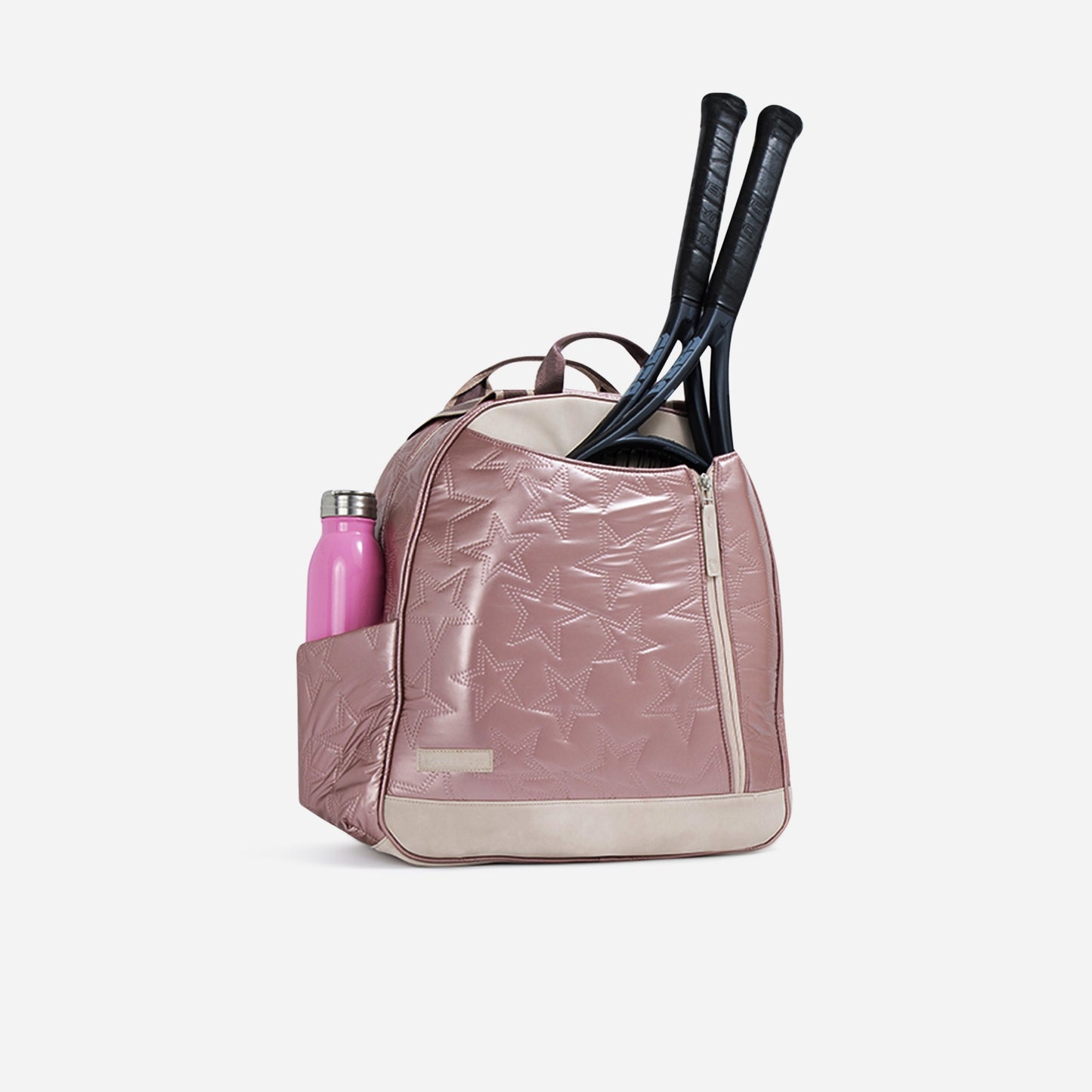 Pink  Doubletake tennis tennis bag with tennis rackets and a water bottle on a light gray background