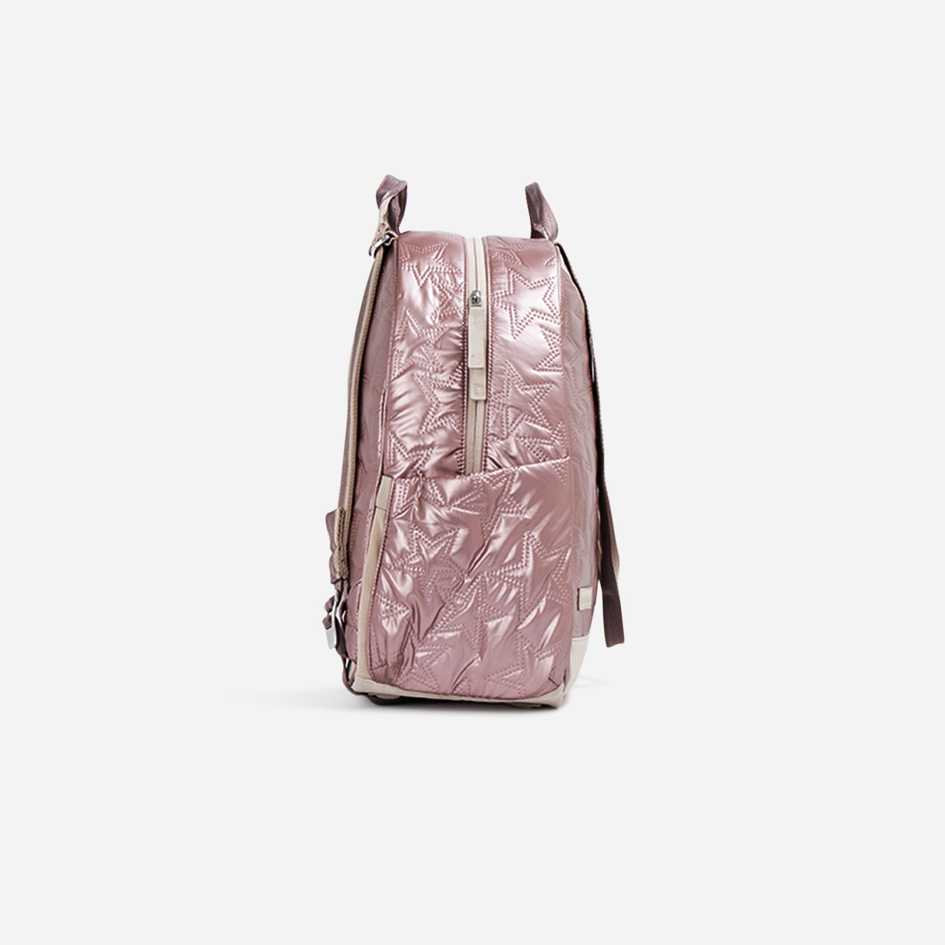 Pink  Doubletake tennis  quilted backpack on a light gray background