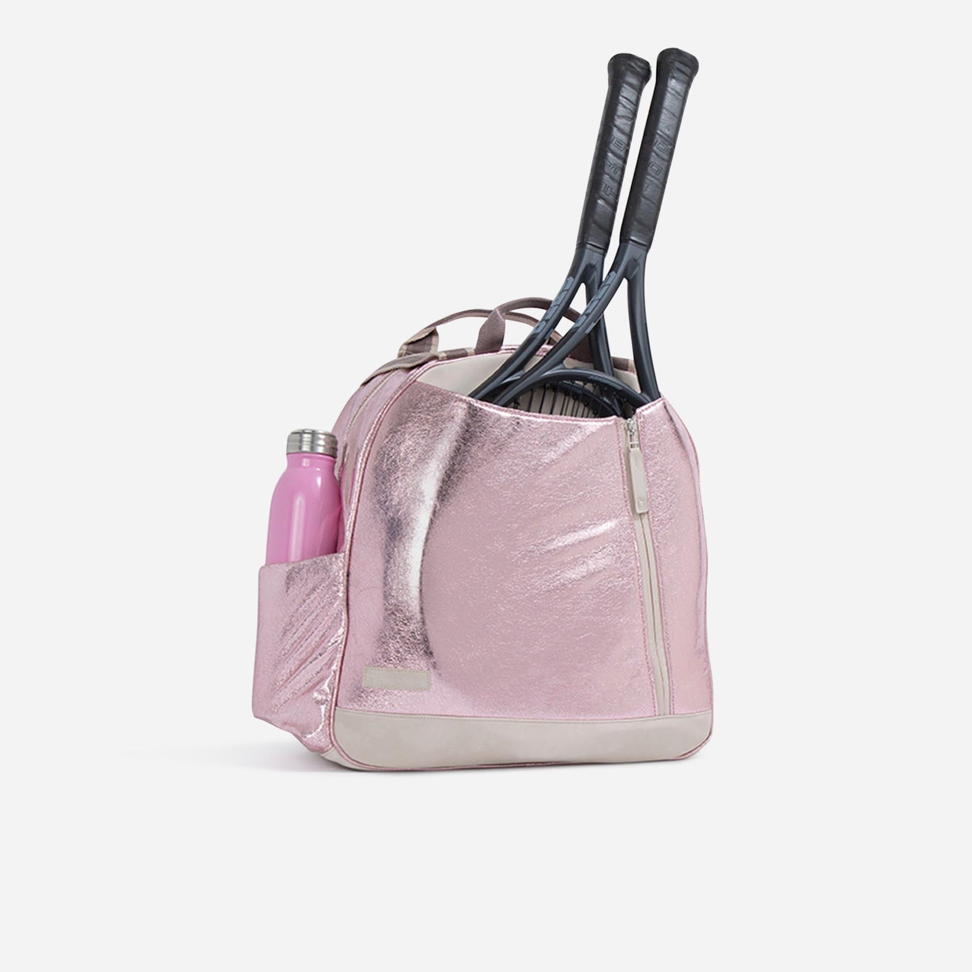 Pink tennis Doubletake tennis  bag with two rackets and a water bottle on a white background