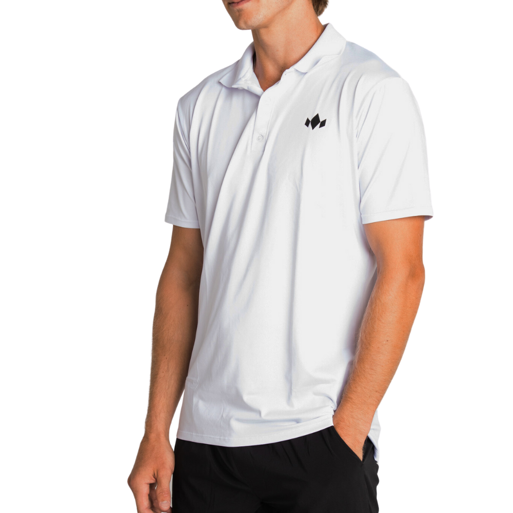 Person wearing a white polo shirt with a black logo on a white background