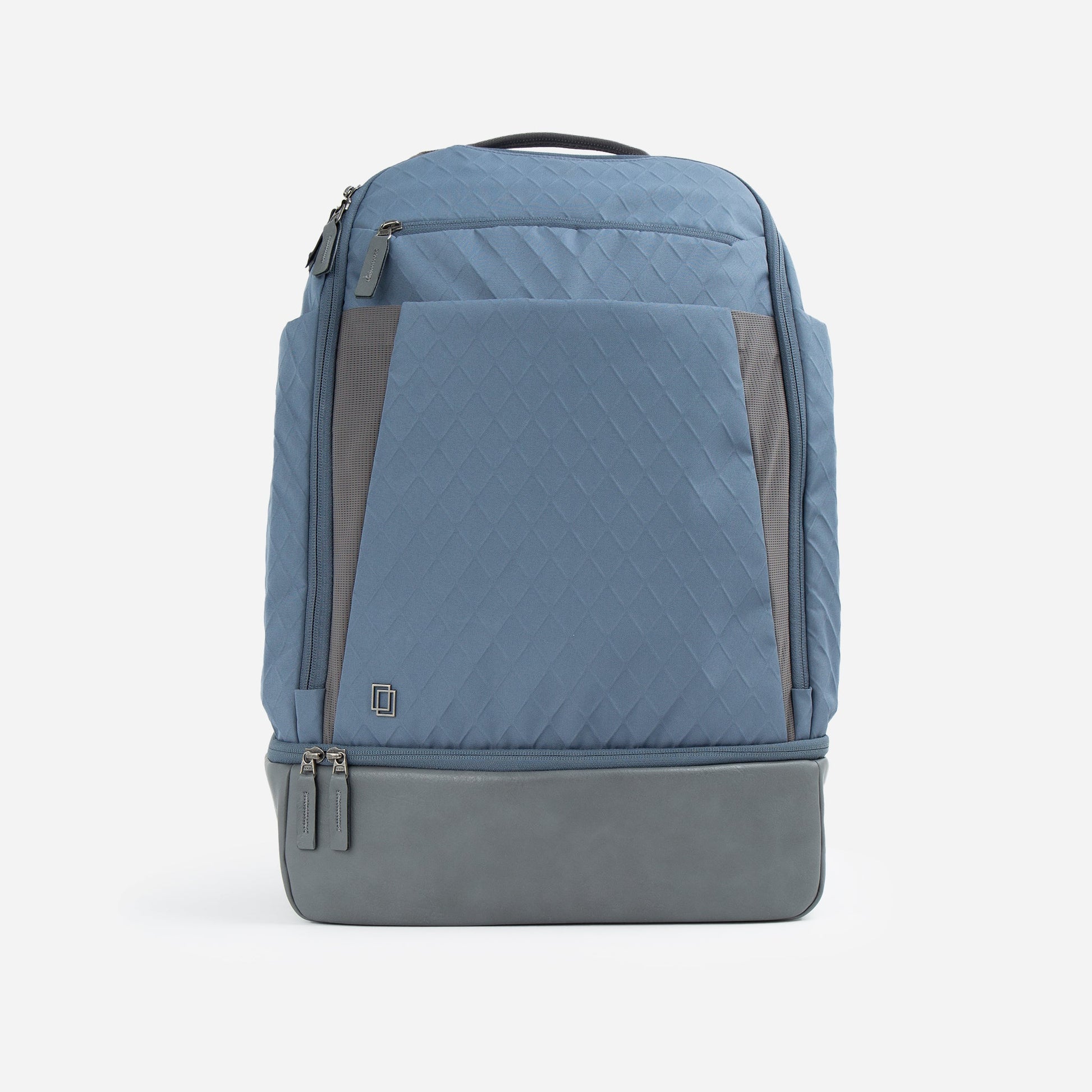 Blue and gray Doubletake tennis backpack on a white background
