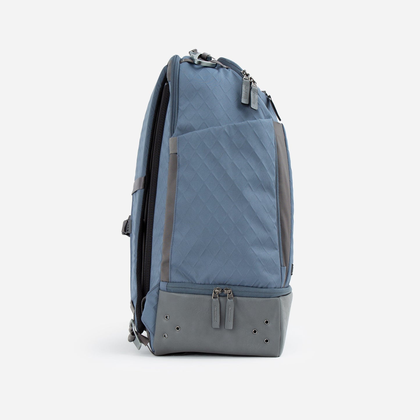 Blue and gray Doubletake tennis backpack on a light gray background