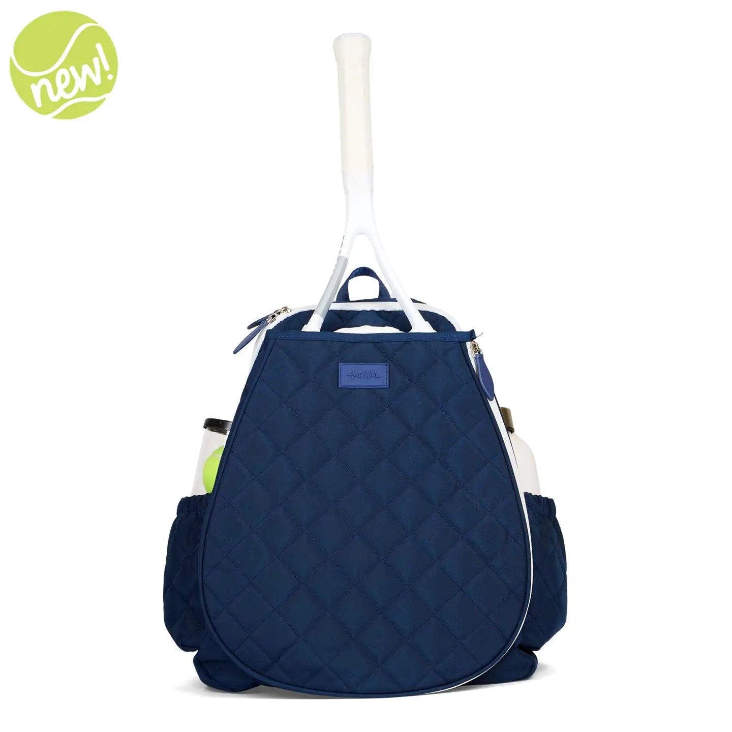 Navy blue tennis bag with a racket on a white background
