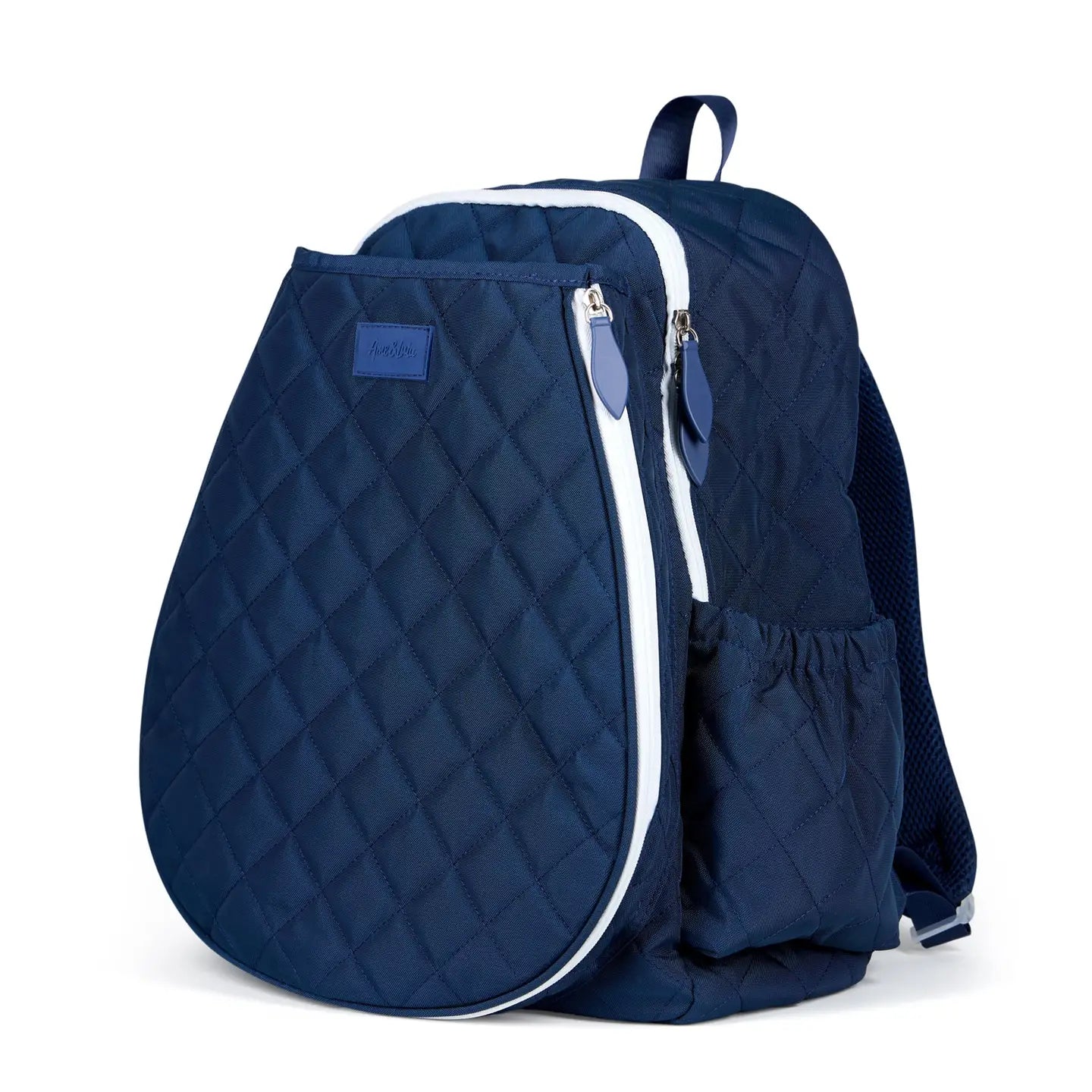 Blue quilted tennis bag with white zipper on a white background
