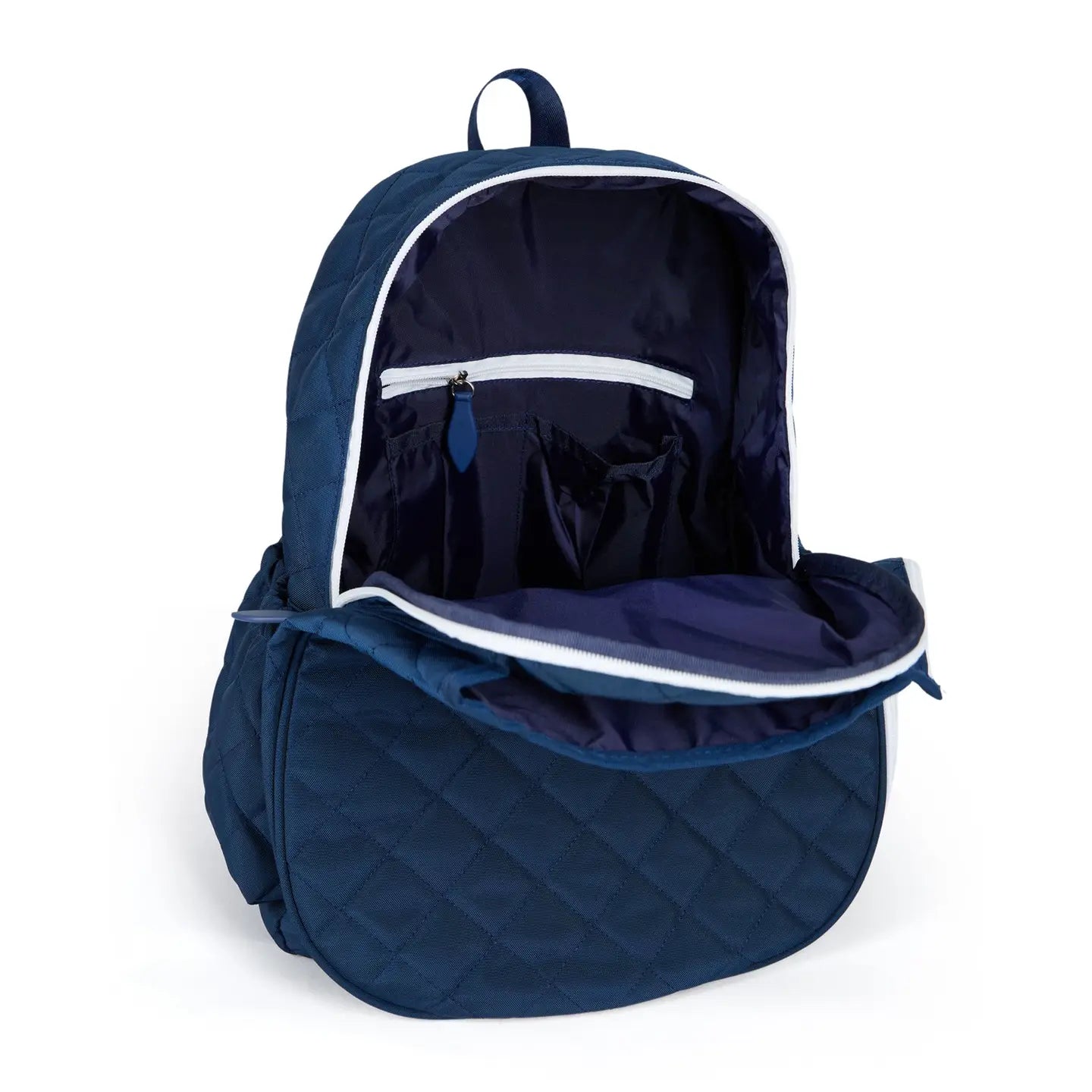 Navy blue tennis backpack with white interior on a white background