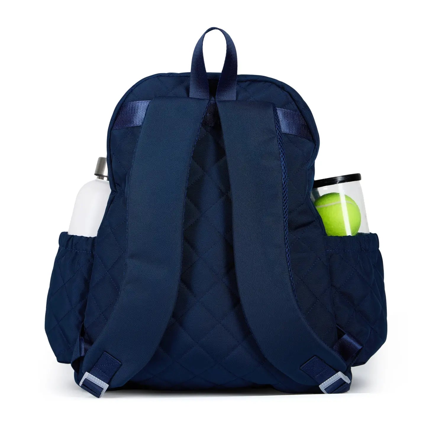 Navy blue tennis backpack with a water bottle and tennis ball in pockets on a white background