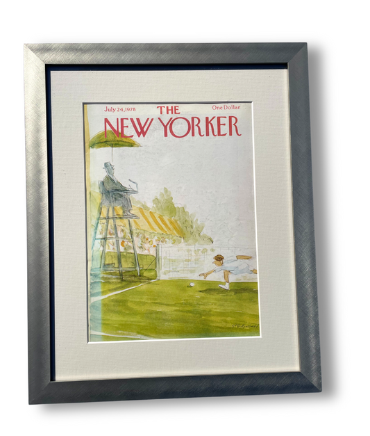 Framed cover of 'The New Yorker' magazine featuring a tennis illustration.