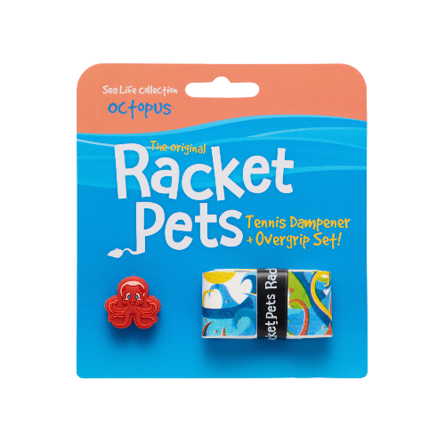 Racket Pets packaging with a red octopus-shaped dampener and colorful overgrip on a blue background