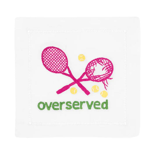 Two pink tennis rackets crossed with yellow balls and the word 'overserved' below on a white background.