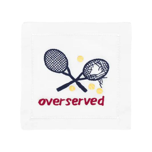 Two crossed tennis rackets with tennis balls and the word 'overserved' on a white background