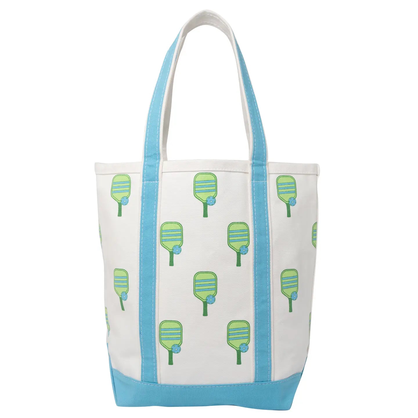 Tote bag with paddle pattern and blue accents on a white background