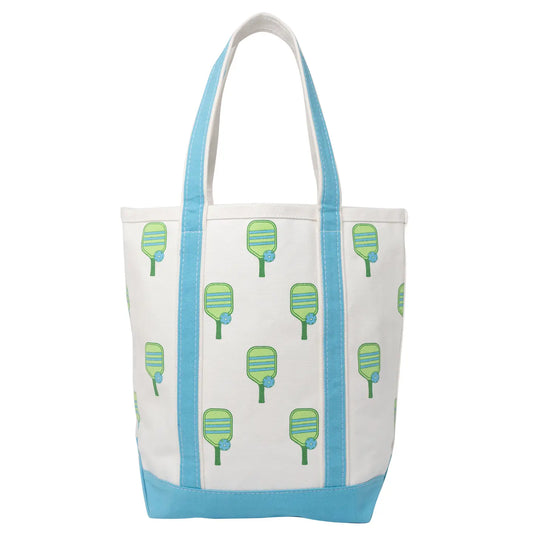 Tote bag with paddle pattern and blue accents on a white background