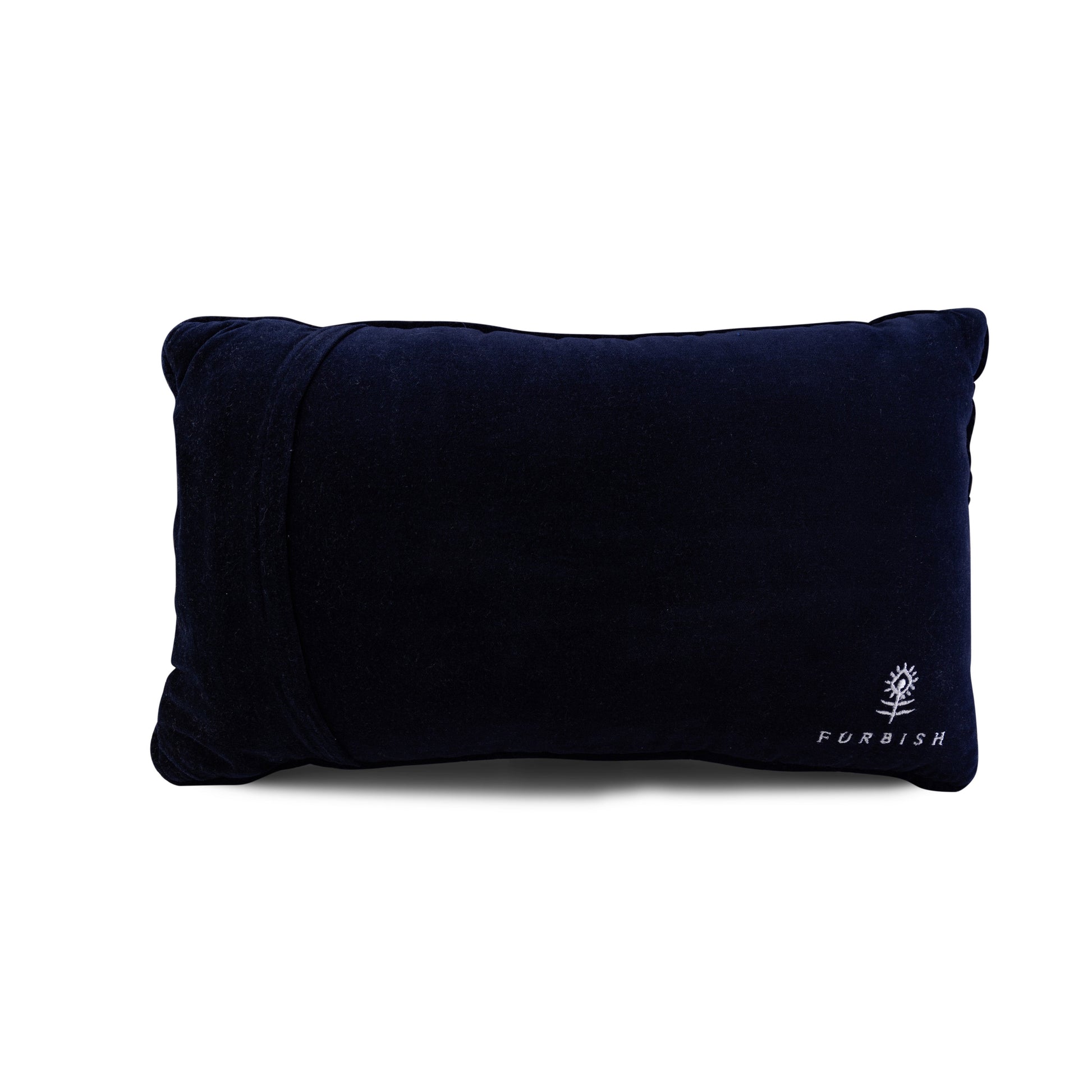 Black pillow with 'Furbish' branding on a white background
