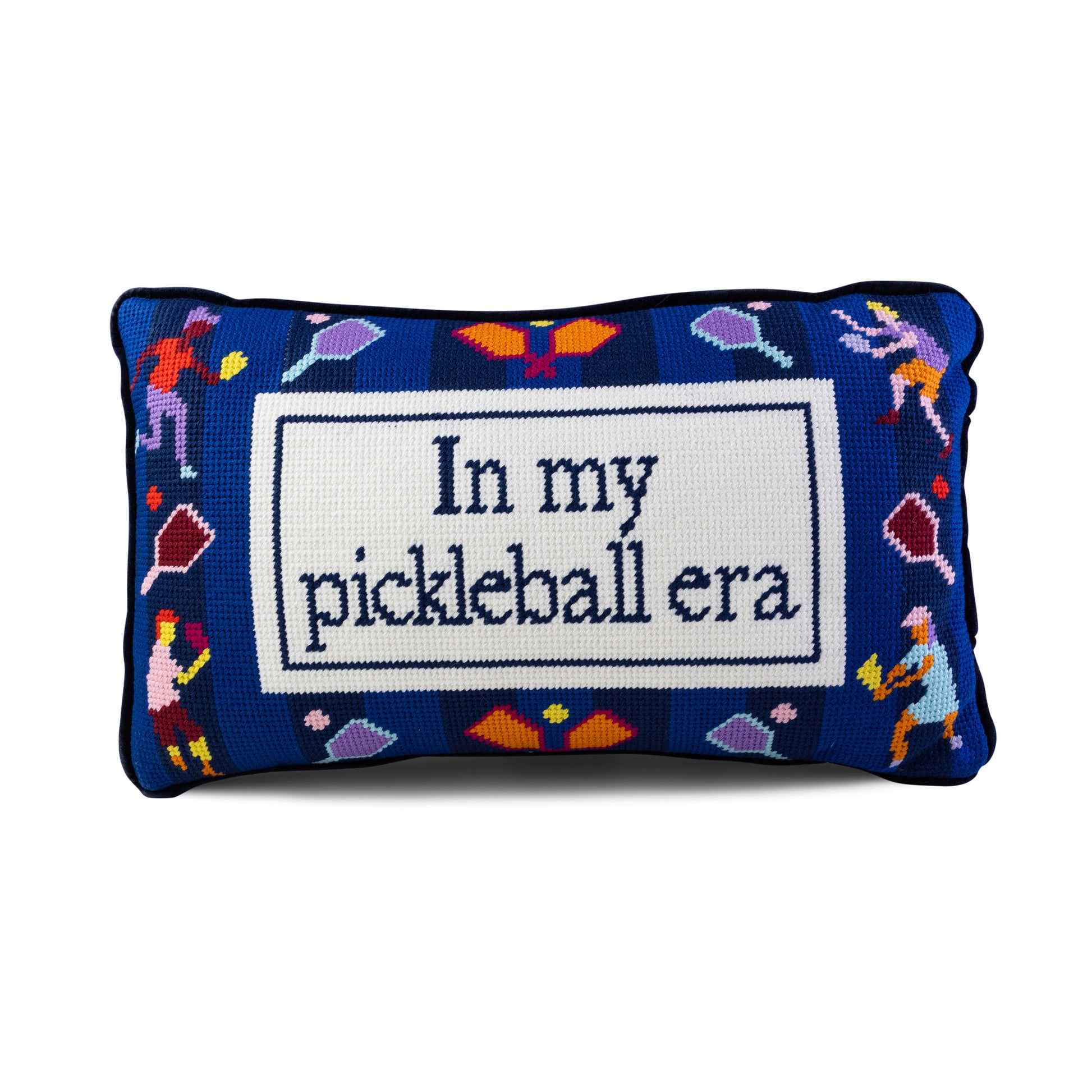 Decorative pillow with pickleball-themed design and text on a white background