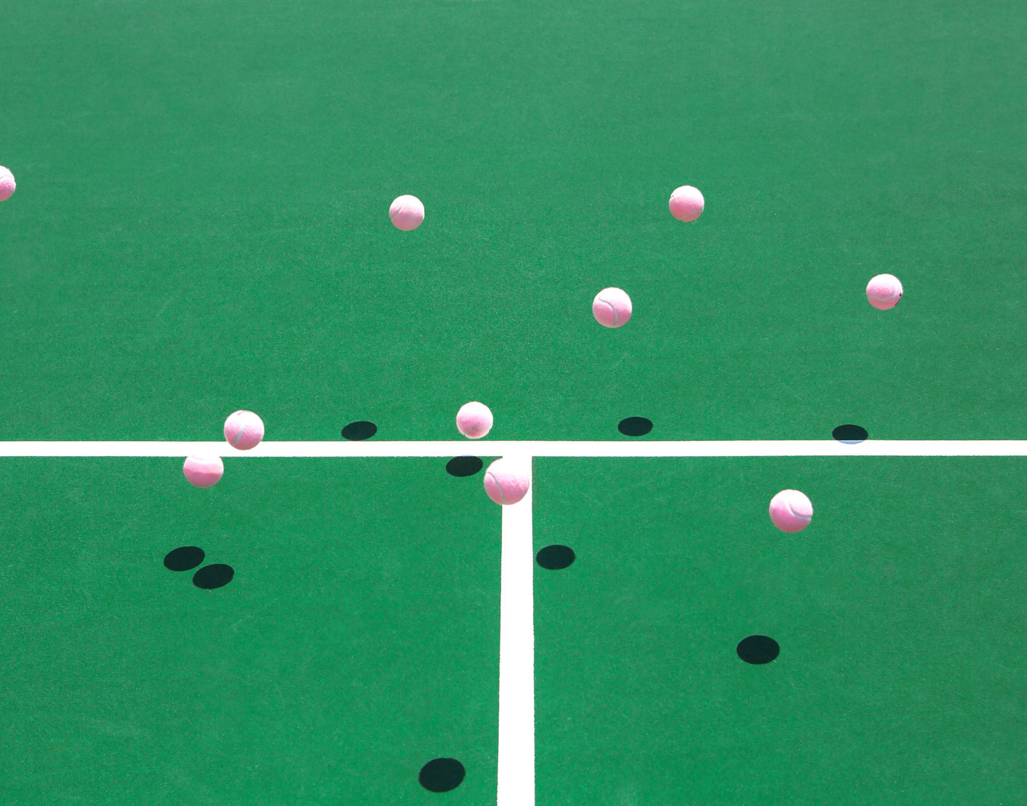 Pink Tennis Balls bouncing on a green tennis court. Artwork by Susan Johnson on TennisDujour.com