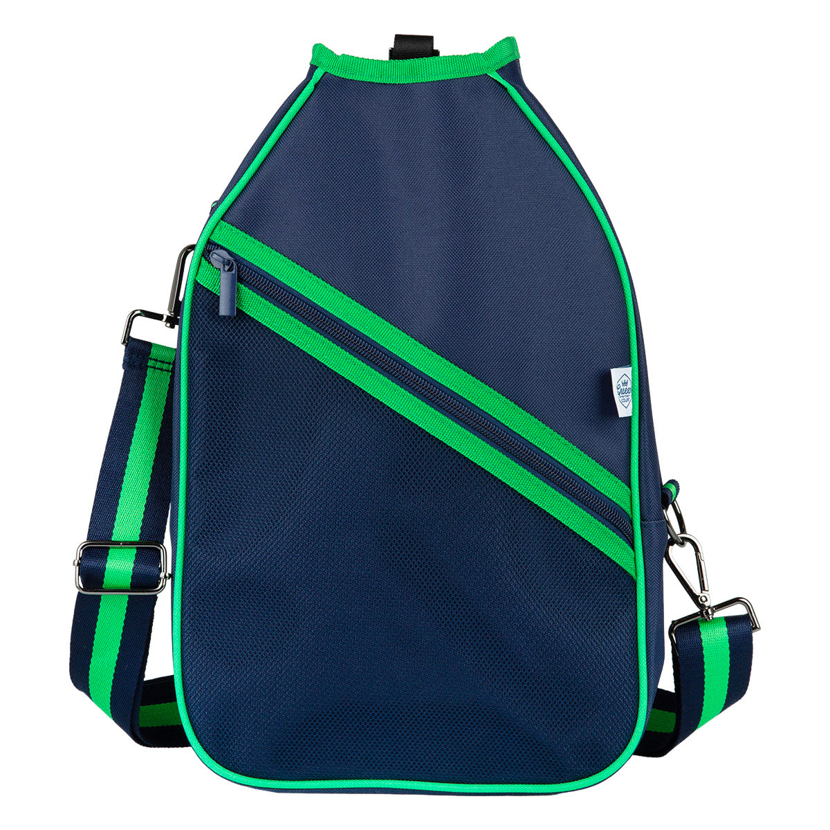 Navy sling pickleball bag with green accents on a white background