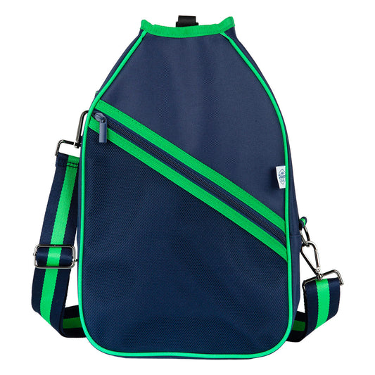 Navy sling pickleball bag with green accents on a white background
