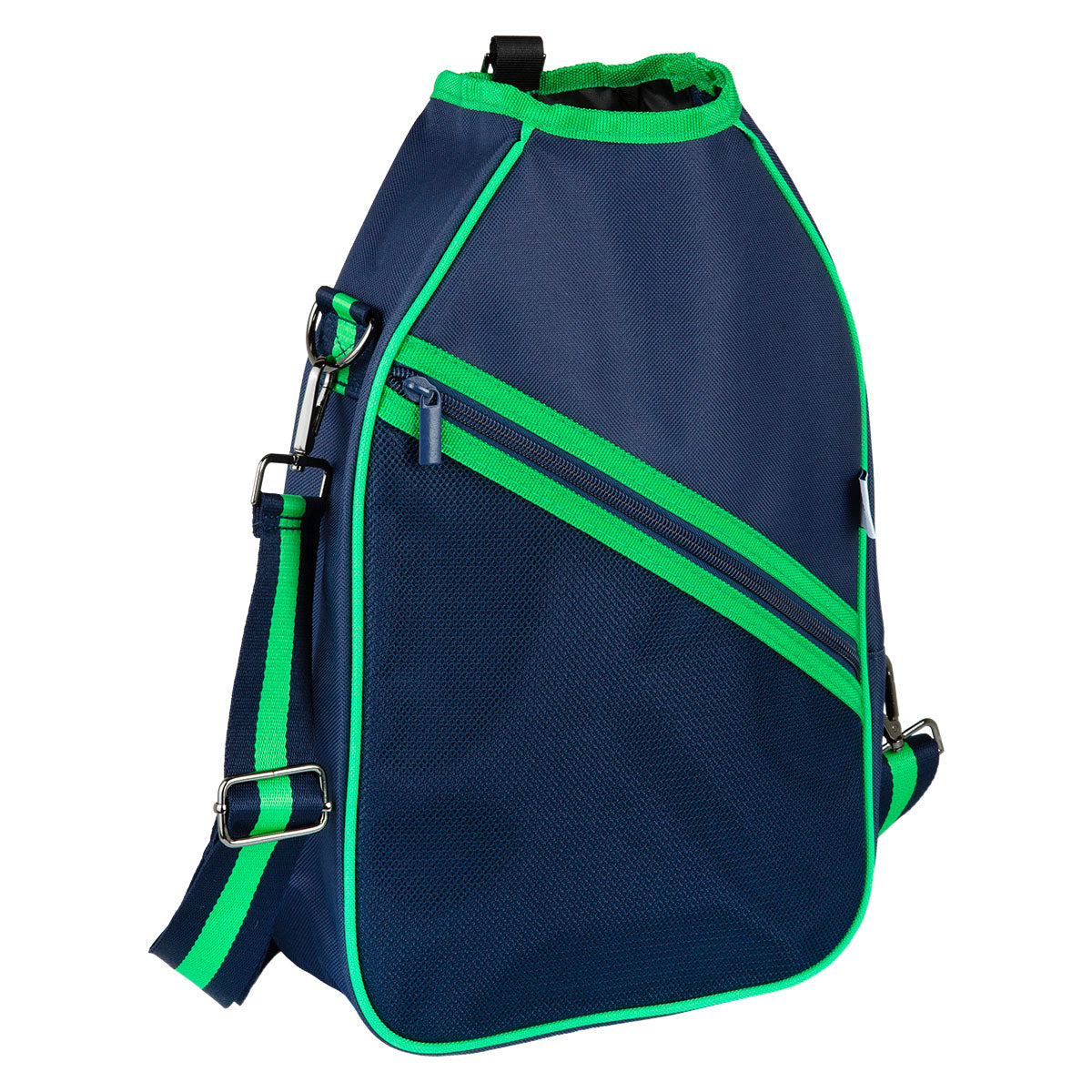 Navy blue and green pickleball backpack on a white background