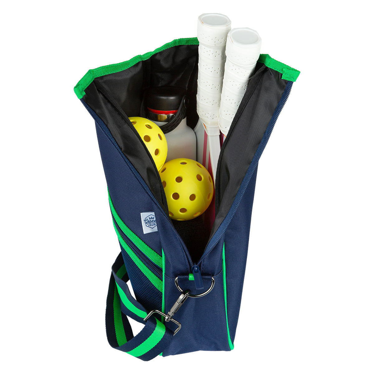 Blue and green sports  pickleball bag with pickleball equipment on a white background
