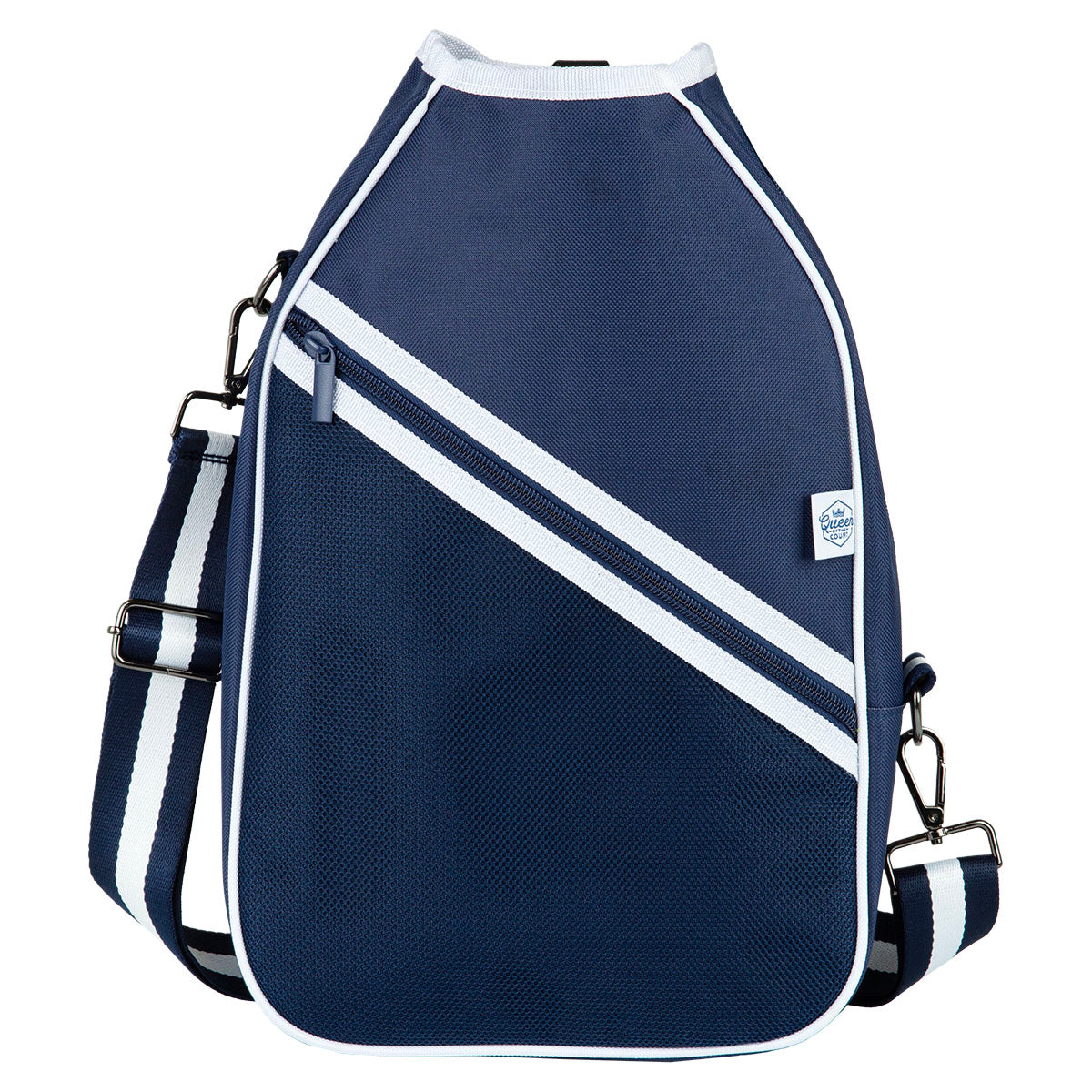 Navy blue  pickleball bag with white straps on a white background