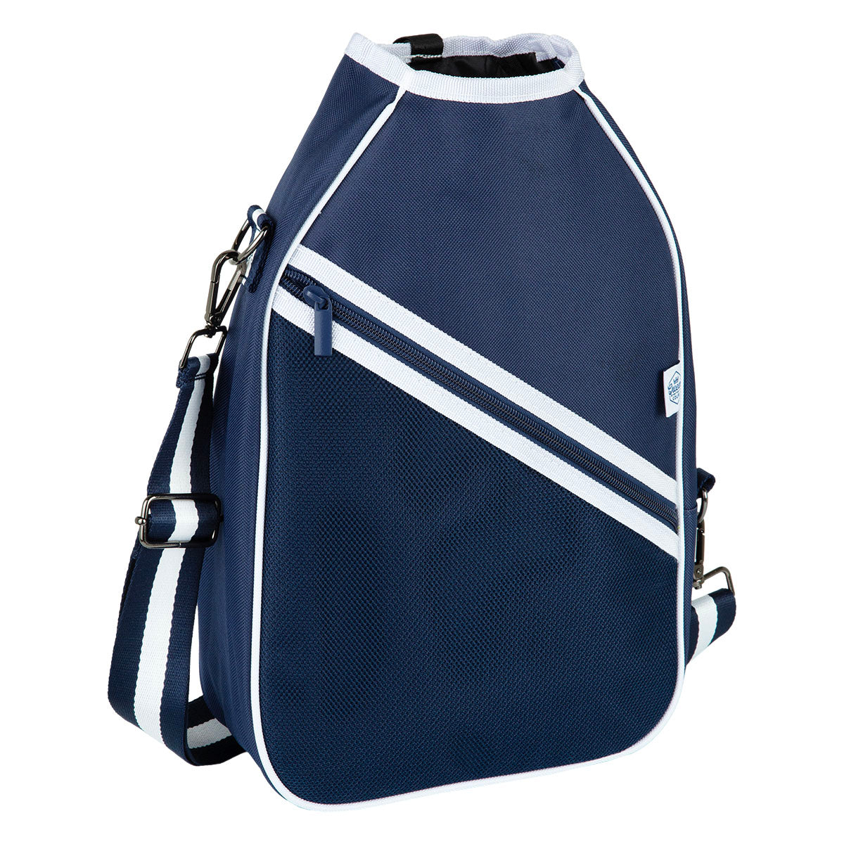 Navy blue  pickleball bag with white stripes on a white background