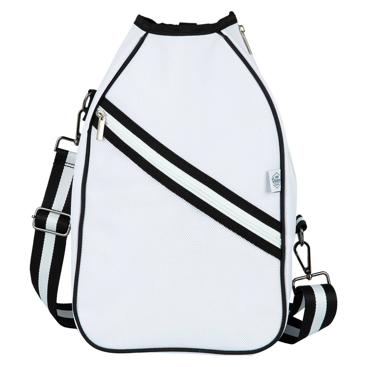 White  pickleball sling bag with black straps and accents on a white background
