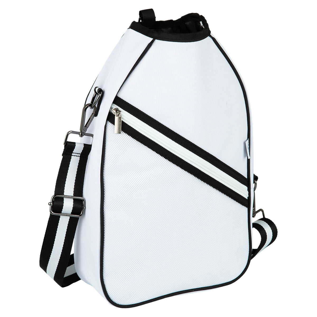 White  pickleball backpack with black straps and accents on a white background