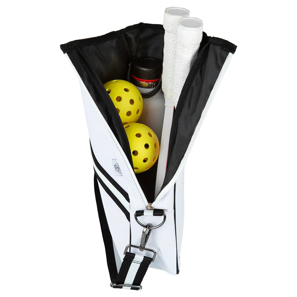 Black and white pickleball bag with balls and paddles on a white background