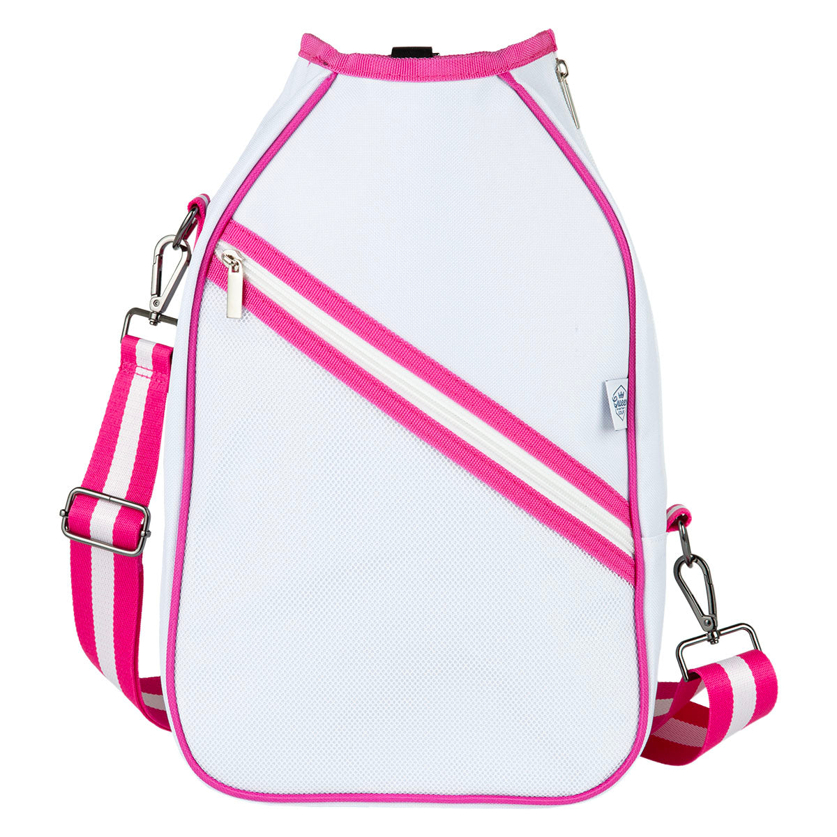 White  pickleball bag with pink straps on a white background